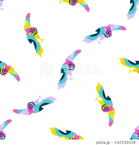 Seamless Pattern of Abstract Flying Toucan Birds with Vibrant Pop Art Colors Seamless Pattern of Abstract Flying Toucan Birds with Vibrant Pop Art Colors 142330338