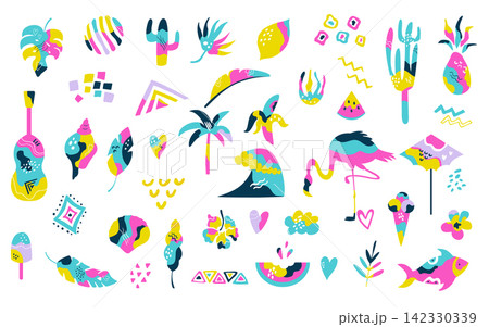 Colorful summer tropical vector elements set with birds, sea life, palm leaves Colorful summer tropical vector elements set with birds, sea life, palm leaves 142330339