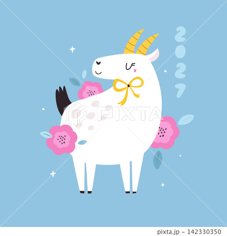 New Year greeting card with cute goat and flowers New Year greeting card with cute goat and flowers 142330350