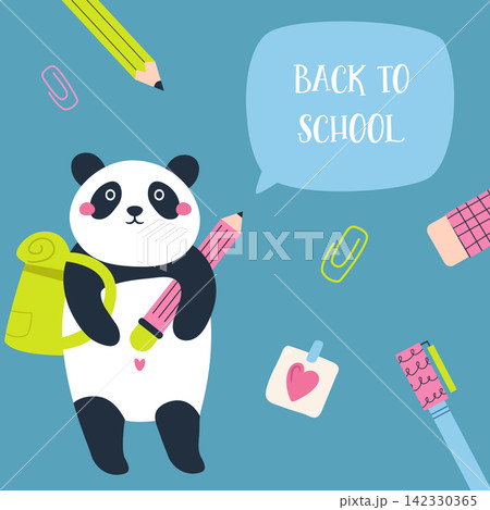 Back to school vector concept with cute panda and school supplies 142330365
