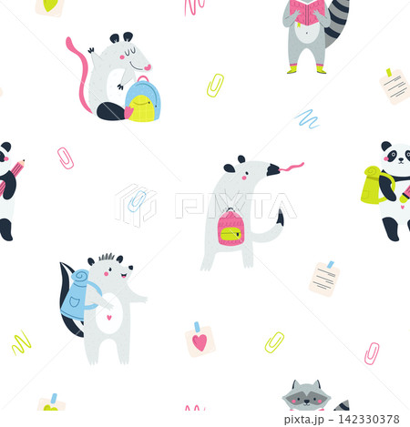 Cute animal students, seamless pattern with skunk, opossum, panda, raccoon, anteater 142330378