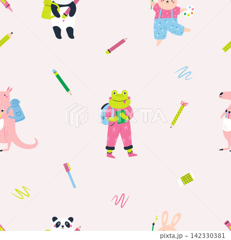 Back to school seamless pattern with cute animal students frog, panda, bunny, kangaroo Back to school seamless pattern with cute animal students frog, panda, bunny, kangaroo 142330381