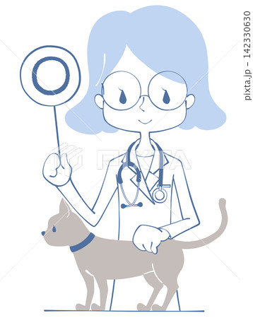 猫を診察する獣医師が丸の札を持つイラスト 猫を診察する獣医師が丸の札を持つイラスト 142330630
