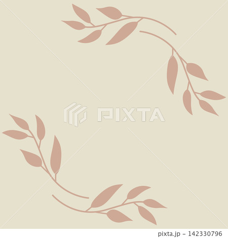 Muted minimalist open botanical leaf branch frame on square soft warm cream background for invitations, greeting cards, and digital paper 142330796