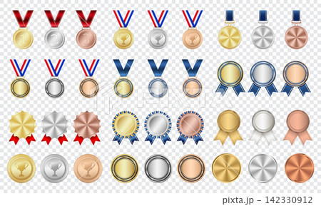 Gold, silver, and bronze medal. Realistic medal set. Prizes for winner. Award with ribbon. Reward isolated. Champion medal set. Vector illustration Gold, silver, and bronze medal. Realistic medal set. Prizes for winner. Award with ribbon. Reward isolated. Champion medal set. Vector illustration 142330912