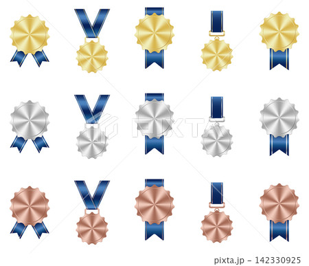 Gold, silver, and bronze medal. Realistic medal set. Prizes for winner. Award with ribbon. Reward isolated. Champion medal set. Vector illustration Gold, silver, and bronze medal. Realistic medal set. Prizes for winner. Award with ribbon. Reward isolated. Champion medal set. Vector illustration 142330925