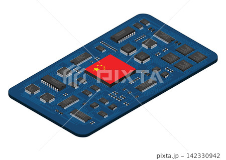Isometric electronic board with China flag. Isometric printed circuit board with electronic components. Electronic components and integrated circuit board Isometric electronic board with China flag. Isometric printed circuit board with electronic components. Electronic components and integrated circuit board 142330942