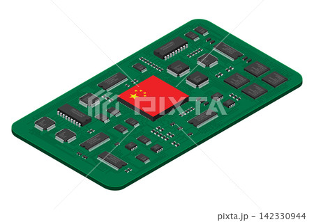 Isometric electronic board with China flag. Isometric printed circuit board with electronic components. Electronic components and integrated circuit board 142330944