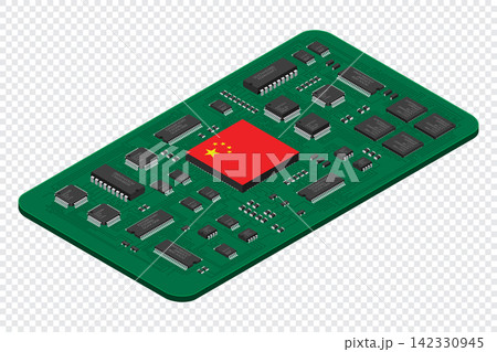 Isometric electronic board with China flag. Isometric printed circuit board with electronic components. Electronic components and integrated circuit board 142330945