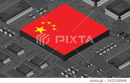 Isometric electronic board with China flag. Isometric printed circuit board with electronic components. Electronic components and integrated circuit board Isometric electronic board with China flag. Isometric printed circuit board with electronic components. Electronic components and integrated circuit board 142330946