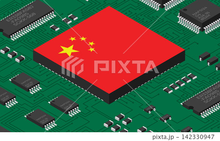 Isometric electronic board with China flag. Isometric printed circuit board with electronic components. Electronic components and integrated circuit board Isometric electronic board with China flag. Isometric printed circuit board with electronic components. Electronic components and integrated circuit board 142330947