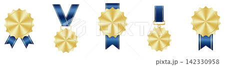 Set of golden medal. Gold medals. Gold medals with ribbons. First placement winner trophy prize. Victory concept. Vector illustration Set of golden medal. Gold medals. Gold medals with ribbons. First placement winner trophy prize. Victory concept. Vector illustration 142330958