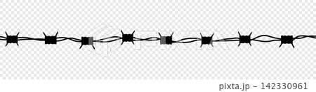Black silhouette of the barbed wire. Barbed wire. Barb wire for prison fence, steel border and military barrier. Vector illustration Black silhouette of the barbed wire. Barbed wire. Barb wire for prison fence, steel border and military barrier. Vector illustration 142330961