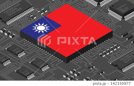 Isometric electronic board with Taiwan flag. Isometric printed circuit board with electronic components. Electronic components and integrated circuit board 142330977
