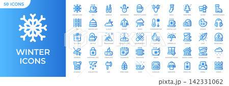 Set of 50 winter outline gradient icons. Snow, ski, snowflake, snowman, sweater. Collection featuring winter and cold weather symbols. Vector illustration 142331062