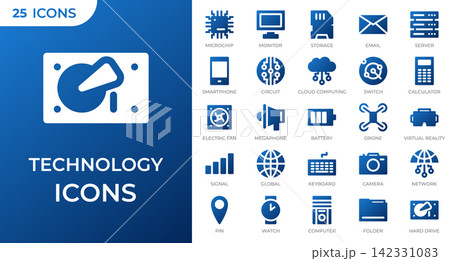 Set of 25 technology flat gradient icons. Industry 4.0 concept factory of the future. Global internet, computer and mobile device. Vector illustration Set of 25 technology flat gradient icons. Industry 4.0 concept factory of the future. Global internet, computer and mobile device. Vector illustration 142331083