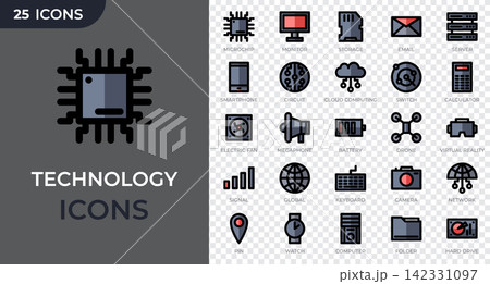 Set of 25 technology filled icons. Industry 4.0 concept factory of the future. Global internet, computer and mobile device. Vector illustration Set of 25 technology filled icons. Industry 4.0 concept factory of the future. Global internet, computer and mobile device. Vector illustration 142331097