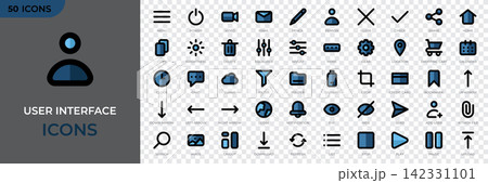 Set of 50 user interface filled icons. Basic ui ux icon set. UI icons kit for website. User interface essential set. Vector illustration Set of 50 user interface filled icons. Basic ui ux icon set. UI icons kit for website. User interface essential set. Vector illustration 142331101