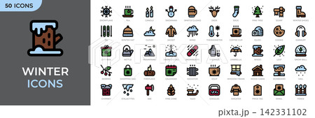 Set of 50 winter filled icons. Snow, ski, snowflake, snowman, sweater. Collection featuring winter and cold weather symbols. Vector illustration Set of 50 winter filled icons. Snow, ski, snowflake, snowman, sweater. Collection featuring winter and cold weather symbols. Vector illustration 142331102