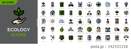 Set of 50 ecology filled icons. Eco friendly icon. Environment, sustainability, nature, recycle, renewable energy. Green symbol. Vector illustration 142331158