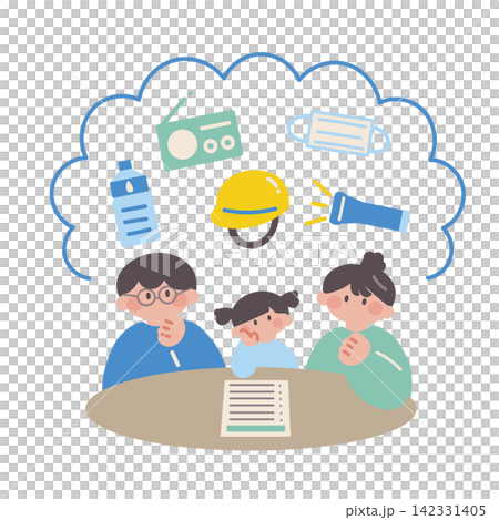 一家人正在考慮災難防備物資（人物和災難防備的插圖） 142331405