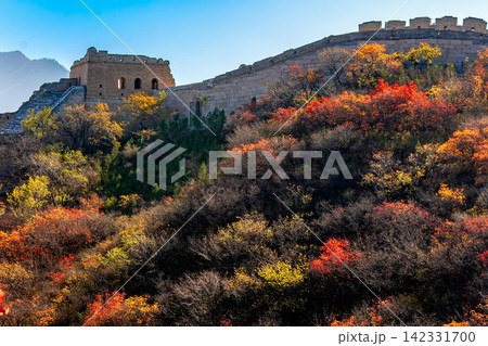 Autumn landscape of Badaling Hongye Ridge Great Wall Beijing China historic architecture and colorful mountain forest Autumn landscape of Badaling Hongye Ridge Great Wall Beijing China historic architecture and colorful mountain forest 142331700