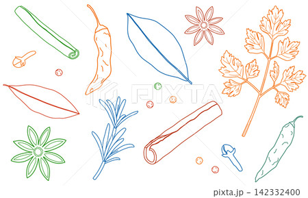 いろいろなスパイスの線画イラスト 142332400