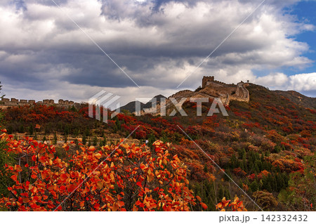 Autumn landscape of Badaling Hongye Ridge Great Wall Beijing China historic architecture and colorful mountain forest Autumn landscape of Badaling Hongye Ridge Great Wall Beijing China historic architecture and colorful mountain forest 142332432