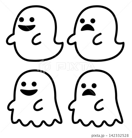 様々な表情やポーズをしたかわいいおばけのシンプルな線画イラストセット 様々な表情やポーズをしたかわいいおばけのシンプルな線画イラストセット 142332528