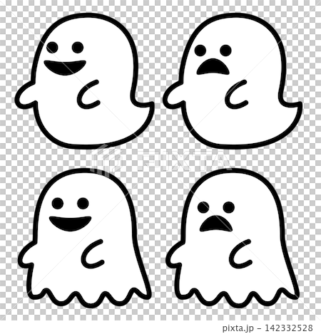 様々な表情やポーズをしたかわいいおばけのシンプルな線画イラストセット 様々な表情やポーズをしたかわいいおばけのシンプルな線画イラストセット 142332528