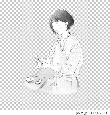 一幅水彩風格的手繪插圖，描繪了一位女士用削皮刀削梨子的場景。 142332531