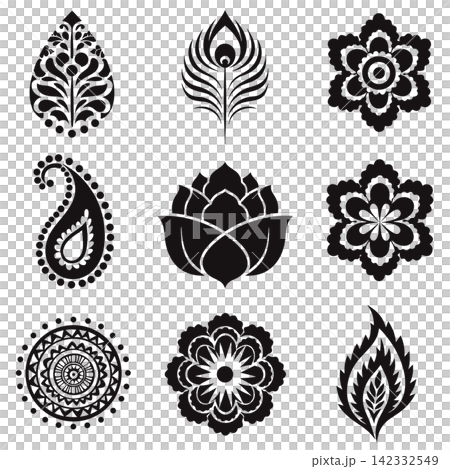 The image shows a collection of nine black-and-white vector icons featuring traditional Indian and Middle Eastern decorative motifs The image shows a collection of nine black-and-white vector icons featuring traditional Indian and Middle Eastern decorative motifs 142332549
