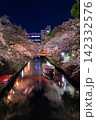 岐阜県大垣市 奥の細道むすびの地 水門川と舟と赤い橋の夜桜ライトアップ 142332576