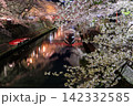 岐阜県大垣市 奥の細道むすびの地 水門川と舟と赤い橋の夜桜ライトアップ 142332585