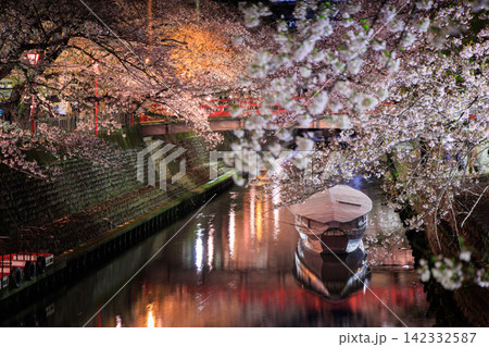 岐阜県大垣市 奥の細道むすびの地 水門川と舟と赤い橋の夜桜ライトアップ 142332587