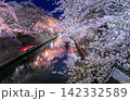 岐阜県大垣市 奥の細道むすびの地 水門川と舟と赤い橋の夜桜ライトアップ 142332589