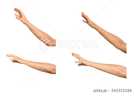 Female arm reaching to touch something invisible, side view. Fingers stretched out attempting to 142333288