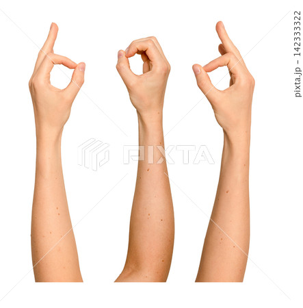 Female hand pinches thumb and finger with a tiny gap. Gesture resembles a talking mouth or holding 142333322