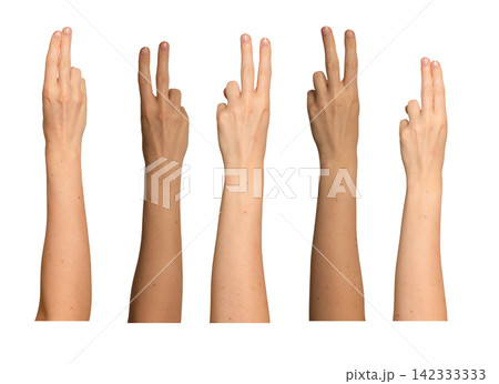 Female hand raises two fingers together in a V shape. Gesture resembles victory sign or peace symbol Female hand raises two fingers together in a V shape. Gesture resembles victory sign or peace symbol 142333333
