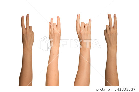Female hand showing victory sign with index and middle fingers. Set includes rock horn symbol and a Female hand showing victory sign with index and middle fingers. Set includes rock horn symbol and a 142333337