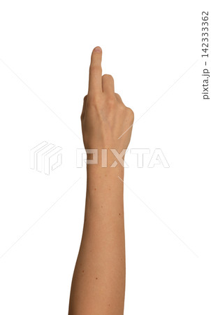 Female index finger taps an invisible touchscreen. Gesture suggests clicking, selecting, or Female index finger taps an invisible touchscreen. Gesture suggests clicking, selecting, or 142333362