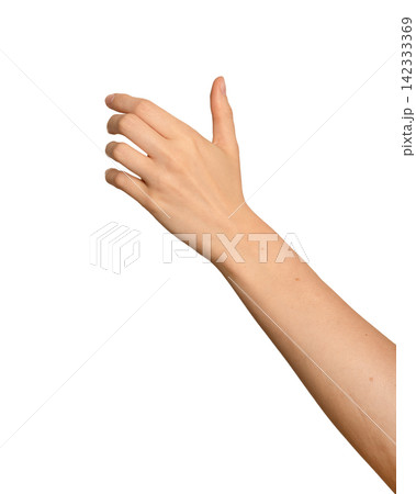 Female left hand holds something invisible in mid-air. Fingers curve around an unseen object firmly. Female left hand holds something invisible in mid-air. Fingers curve around an unseen object firmly. 142333369