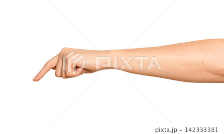 Female left index finger points forward, side view. Arm stretches out as if pressing or clicking 142333381