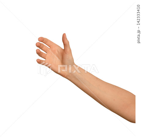 Female right hand holds an invisible phone overhead. Fingers wrap around the unseen mobile device Female right hand holds an invisible phone overhead. Fingers wrap around the unseen mobile device 142333410