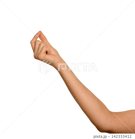 Female right hand pinches fingertips together upward. Gesture resembles the Italian expressive hand Female right hand pinches fingertips together upward. Gesture resembles the Italian expressive hand 142333412