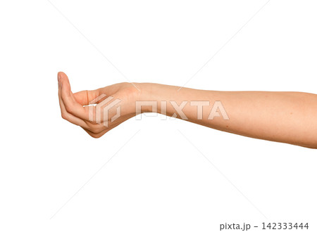Female right hand supports something invisible on its palm. Side view shows fingers curled beneath Female right hand supports something invisible on its palm. Side view shows fingers curled beneath 142333444