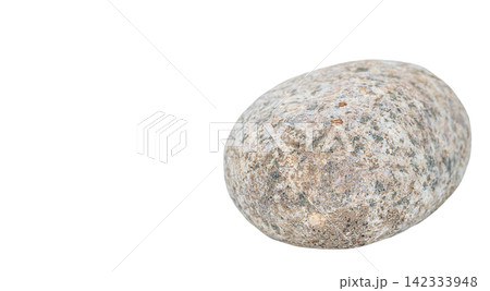 Gray, round, oval, natural river granite stone with a heterogeneous composition and spotted inclusions, isolated on a white background with a cropped outline. Empty space for text 142333948