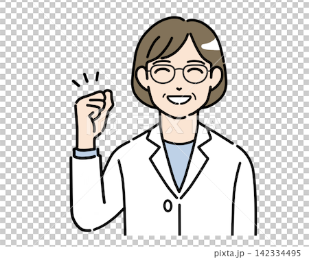 一幅插圖，描繪了一位身穿白大褂、戴著眼鏡的女士，面帶微笑，擺出勝利的姿勢。 142334495