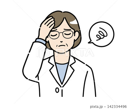 頭を抱えて悩んでいるメガネをかけた白衣の女性のイラスト 頭を抱えて悩んでいるメガネをかけた白衣の女性のイラスト 142334496