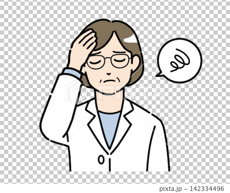頭を抱えて悩んでいるメガネをかけた白衣の女性のイラスト 頭を抱えて悩んでいるメガネをかけた白衣の女性のイラスト 142334496